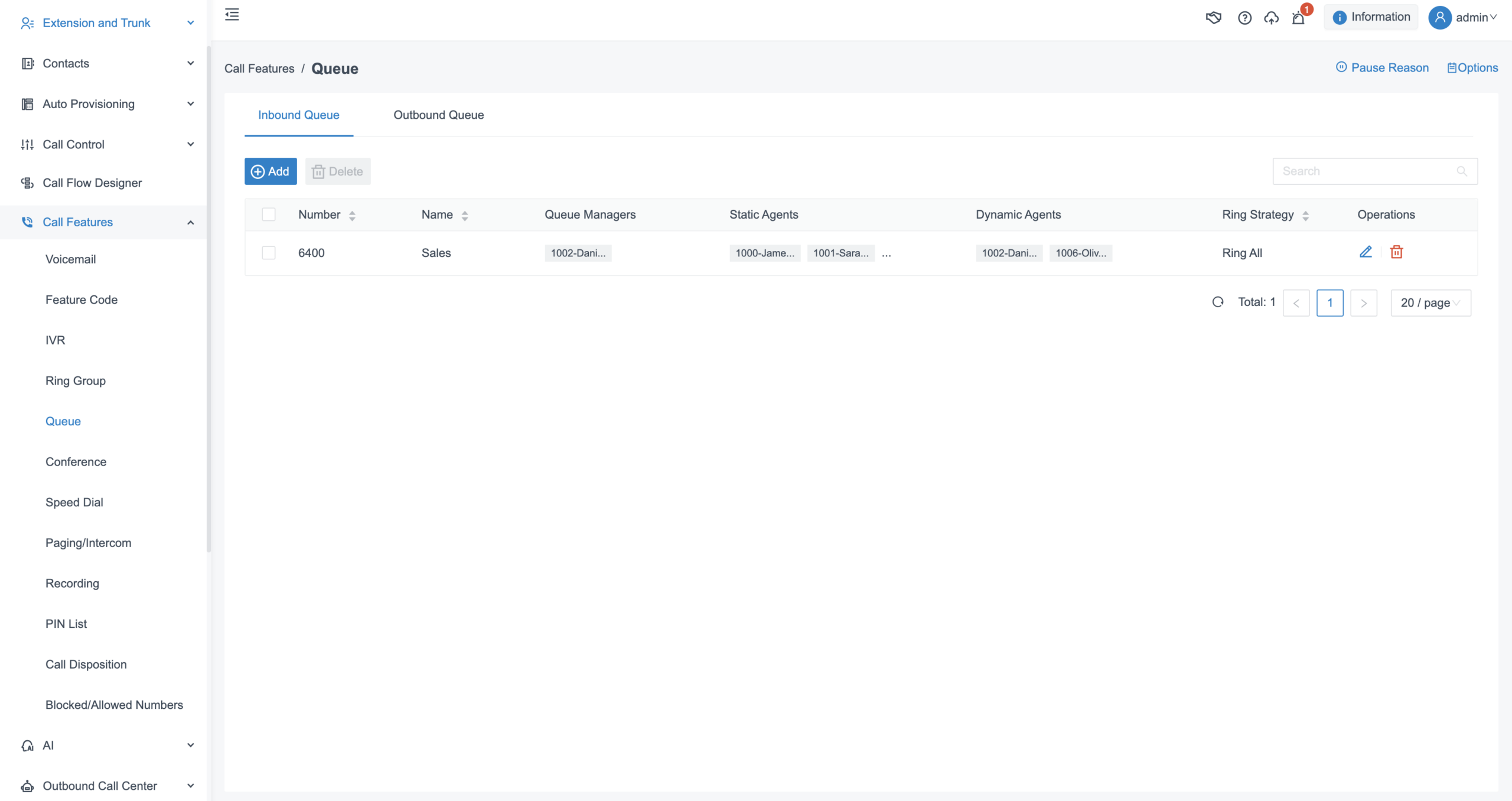 Yeastar P-Series call queue configuration screen for routing inbound calls to the right team