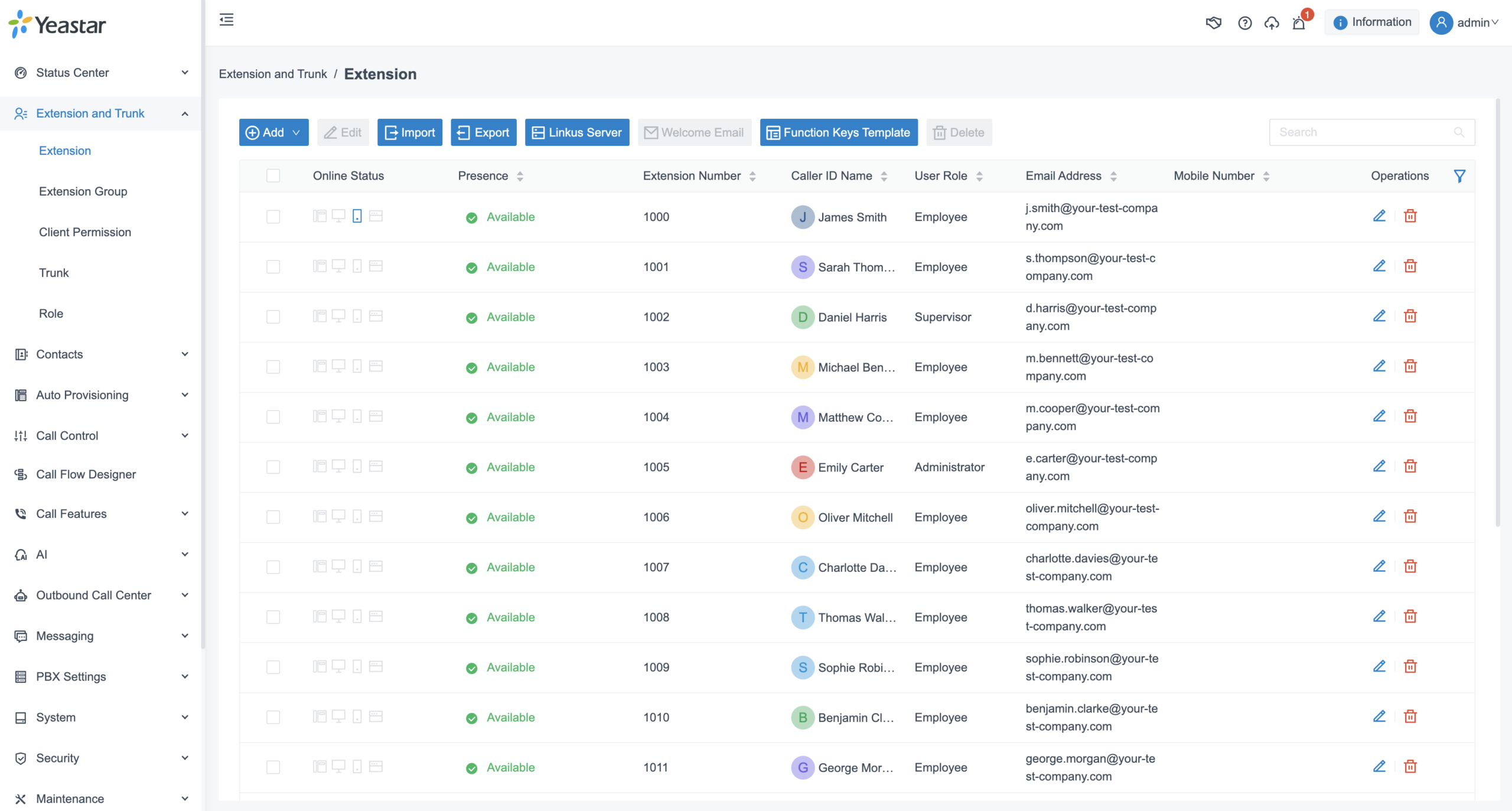 Yeastar P-Series extension management screen for adding and editing phone system users